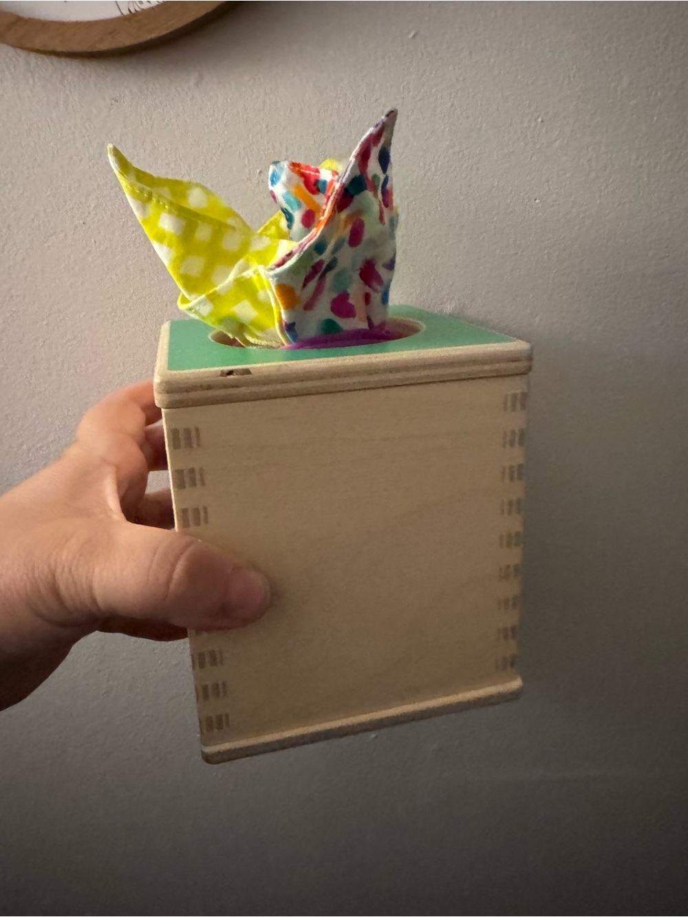 Lovevery  Wooden Tissue Box with Colorful Fabric Tissues